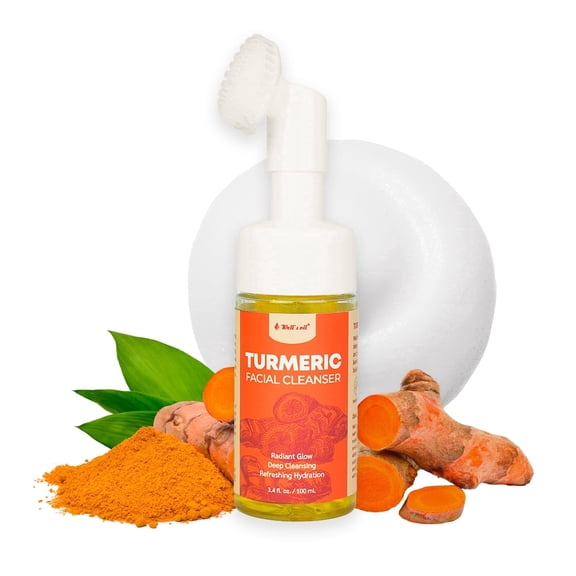 Well’s Oil Turmeric Facial Cleanser with Brush | Gentle Foaming Face Wash | Daily Cleanser for All Skin Types | 3.4 fl oz