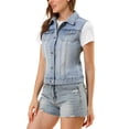 thumbnail image 4 of INSPIRE CHIC Juniors Washed Chest Flap Pockets Single Breasted Denim Vest Jacket, 4 of 6