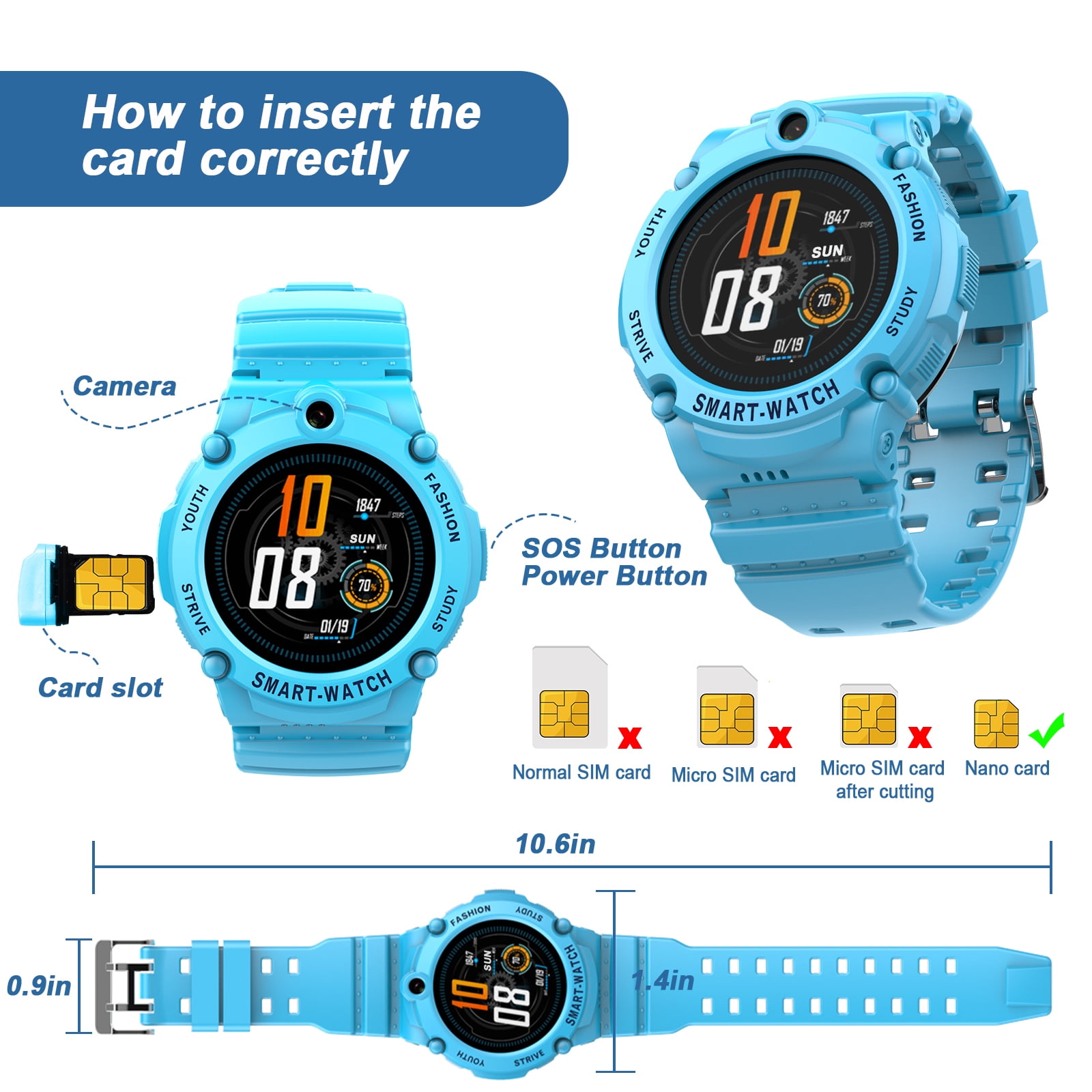 PTHTECHUS S02 Smart Watch for Boys Girls Smartwatch for Kids with 4G SIM GPS Video Call Pedometer MP3 Flashlights Calculator Alarm Clock Children Holiday Gift Blue