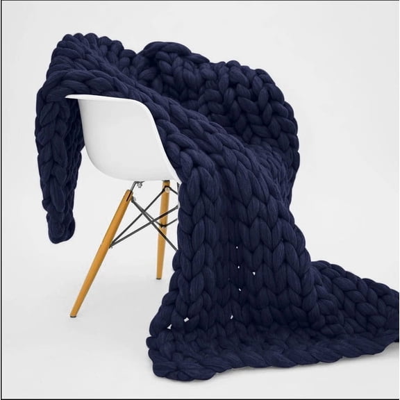 XmhyTop-A 80x80cm Chunky Knitted Throw Blanket Handmade Stretch Knit Blanket for Sofa, Bed, Chair, Soft Warm Decorative Blanket,Dark Blue