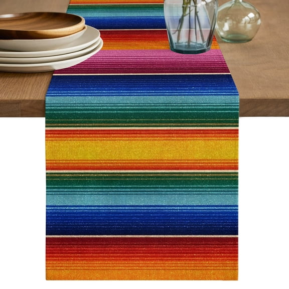 Mexican Stripes Table Runner 120 Inches Long,Modern Ethnic Colorful Mexico Striped Cotton Linen Table Runners Dresser Scarves,Fabric Tabletop Scarf Furniture Cover for Home Dinner Party 13"x120"