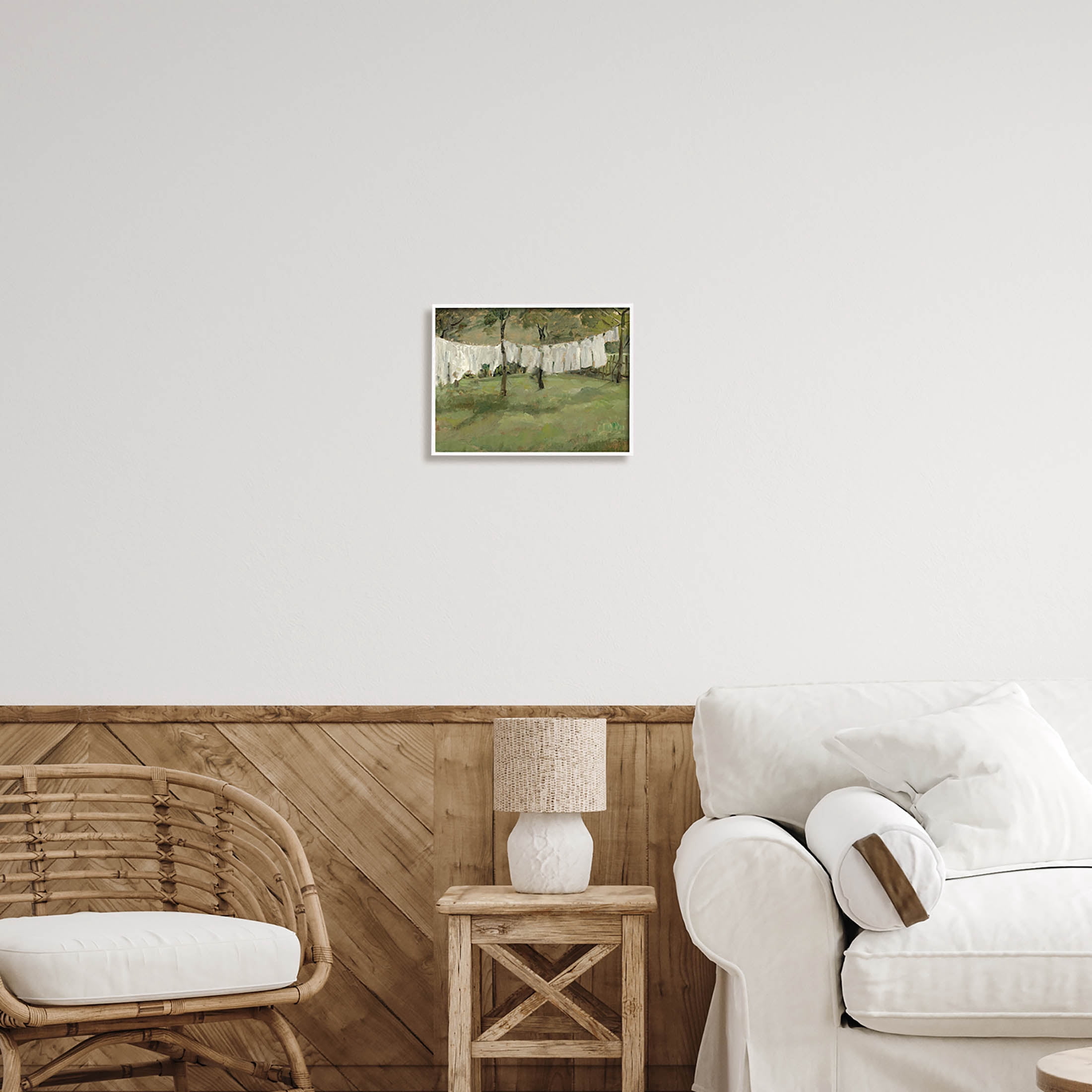 Soothing Yard Clothesline Scene Landscape Painting White Framed Art Print Wall Art