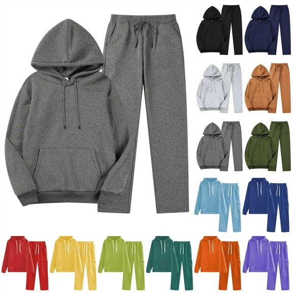 QATAINLAV Womens Tracksuit Fall Casual 2 Piece Outfits Solid Color Long Sleeve Hoodies and Wide Leg Sweatpants with Pockets, Dark Gray, L,