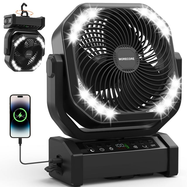 Ventilador de camping MORECORE, 2000 mAh, recargable, con luz, 112 horas
