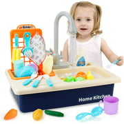 Kitchen Sink Toy Set with Working Faucet, Kitchen Sink, Electronic Kitchen Sink with New Faucet, Pretend Toys for Girls, Toddler Boys (Blue)