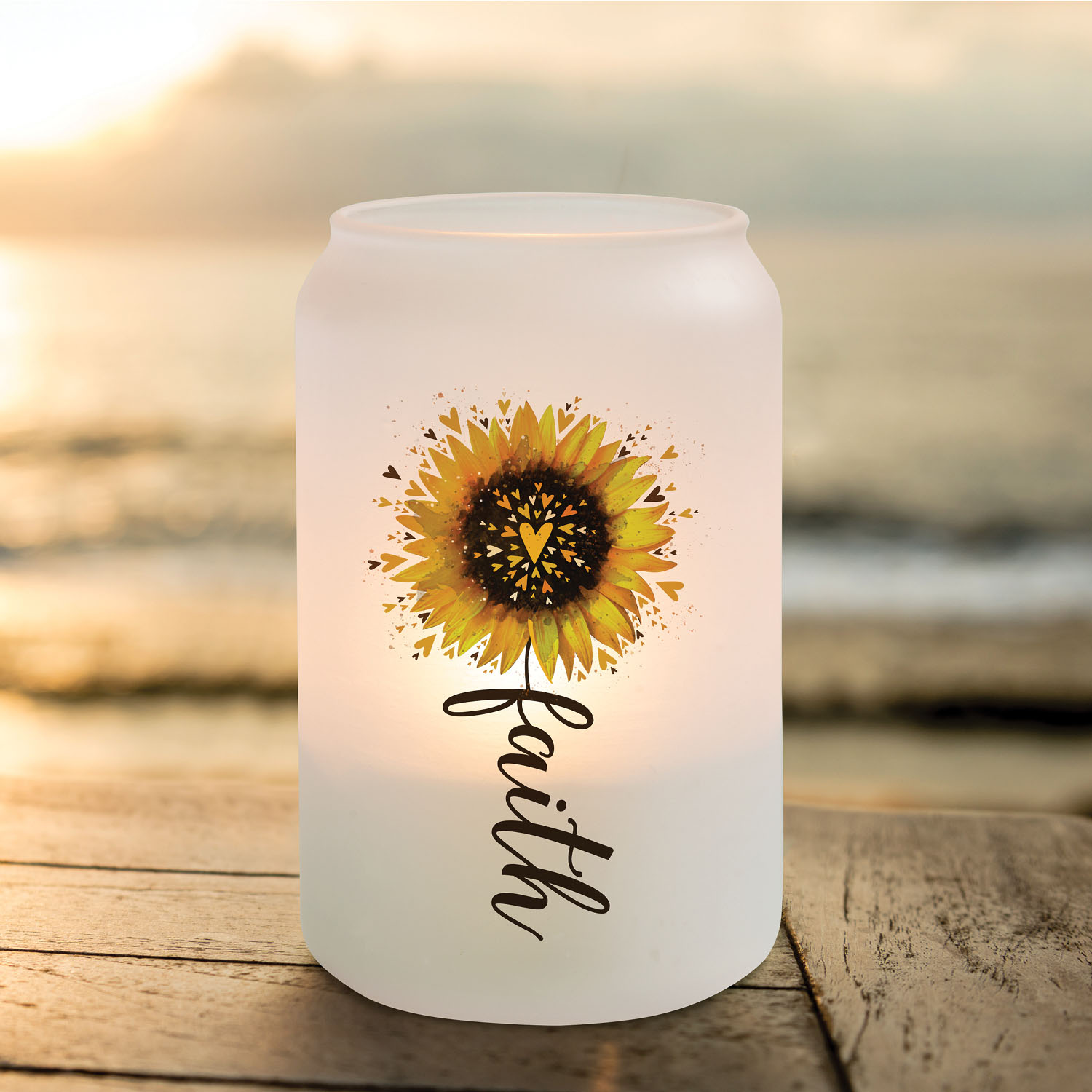 Personalized Planet Faith Sunflower Frosted Glass Spiritual Votive Candle Holder for Hallway Display or Tabletop Décor, 13 oz 2.5x5