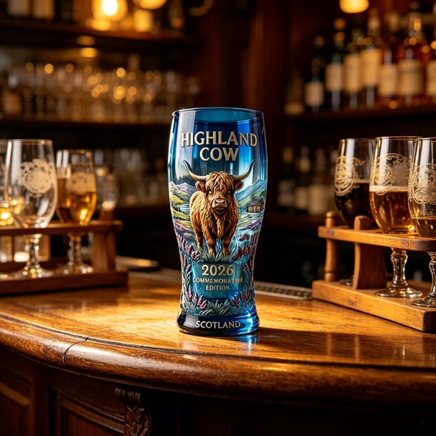 Vaso de pinta conmemorativo de vaca escocesa con escena de las Tierras Altas y caja de regalo de madera, 500 ml, decoración para bar en casa y recuerdo de regalo