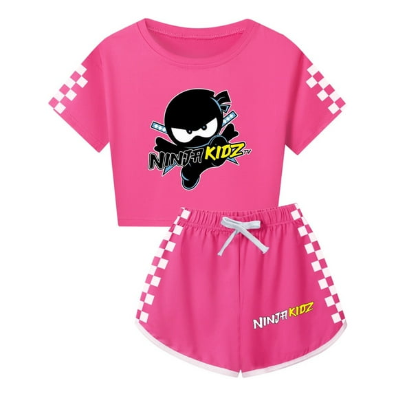 Ninja Kidz Girls Summer Set – Kids Cute Crop Top with Checker Sleeves and Matching Shorts