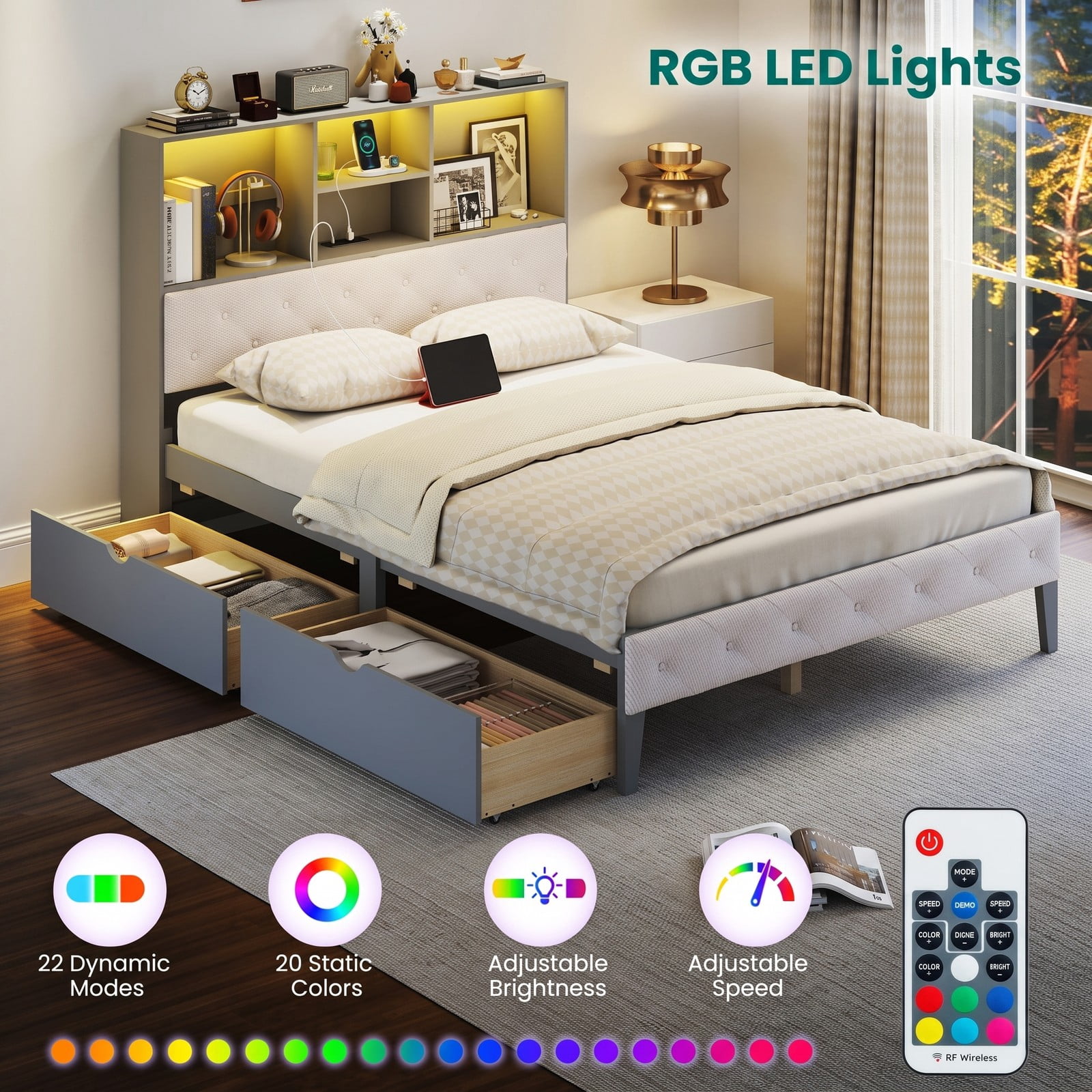 Furnibear Full Size Bed Frame with Bookcase Storage Headboard, LED Lights, Upholstered Platform Bed with 2 Drawers, Gray