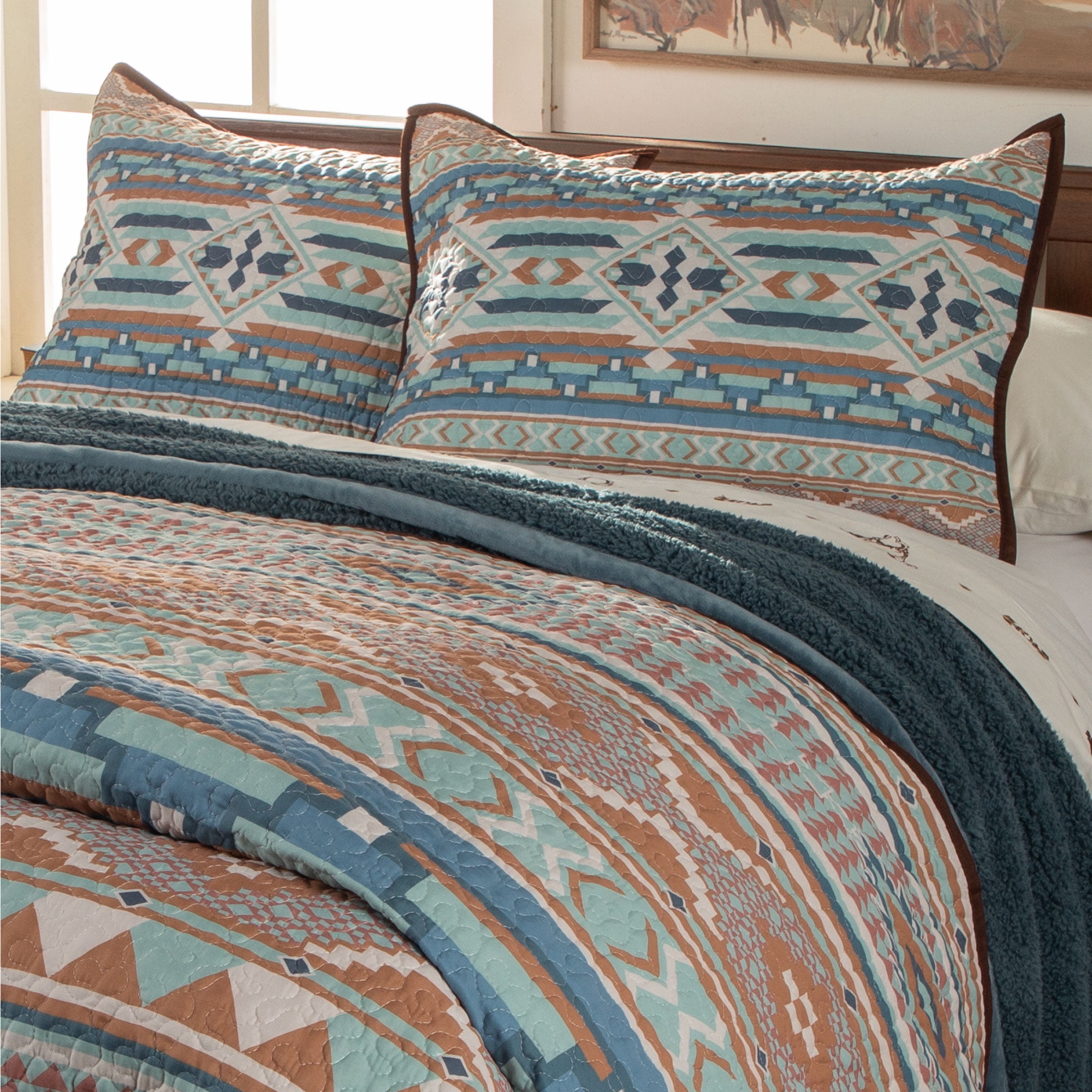 Southwest Diamond Arrow Desert Sunset Turquoise Blue Rust Tan Queen Quilt  Set
