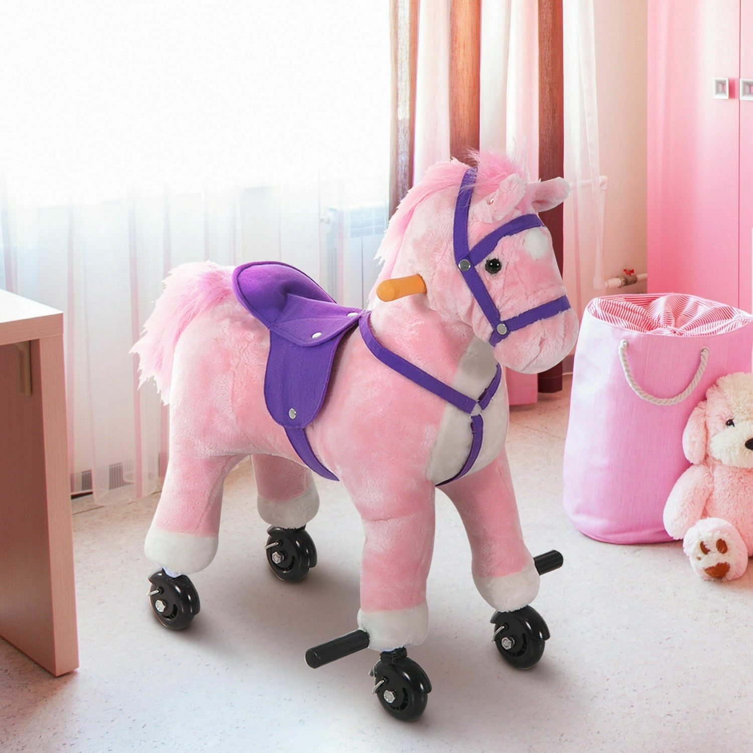 4-in-1 Rocking Horse Kids Gift Cute Walking Ride On Baby Toy w/Neigh Sound Pink 