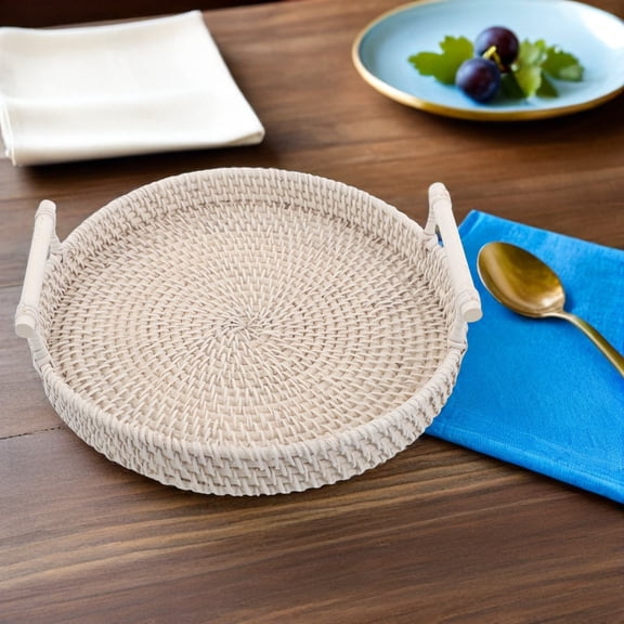 Homoyoyo Handwoven White Round Rattan Tray with Handles, Stylish Serving Basket for Kitchen, Home Decor, and Entertaining