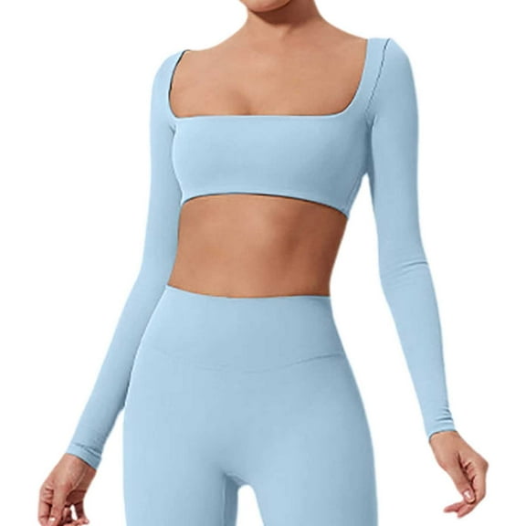 QHFBli Womens Square Neck Crop Top Workout Tops Long Sleeve Shirts Cropped T Shirts Women Cute Top
