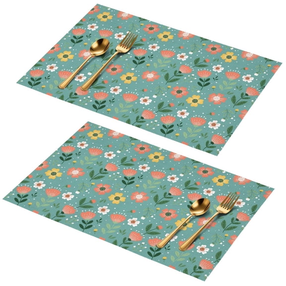 Placemat, Pioneer Flower Floral Print Pattern Place Mats Table Mat Set Of 2, PVC Washable Placemats for Party Kitchen Dining Decoration, 18x12 Inch, Fade Resistant