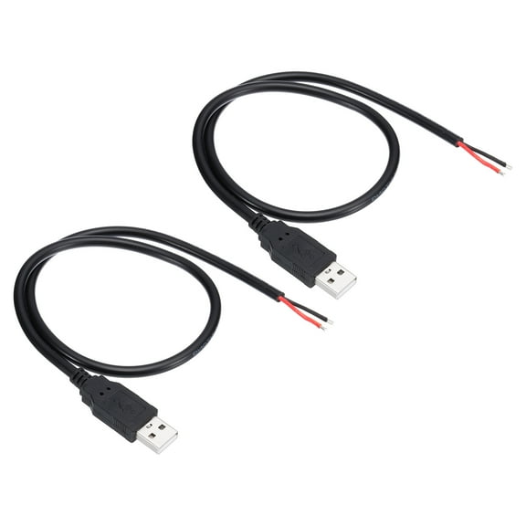 Uxcell 0.5M/2Ft USB 5V 5A Type-A Pigtail Power Cable, 2Pcs 18AWG USB-A Plug to 2 Pin Wire Open End Connector Plug, Black