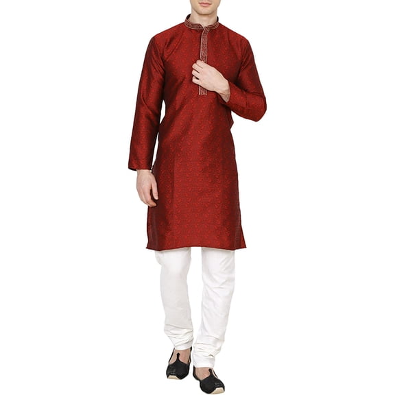 Royal Kurta Mens Jacquard Silk Embroidered Kurta Churidar (42, Maroon)