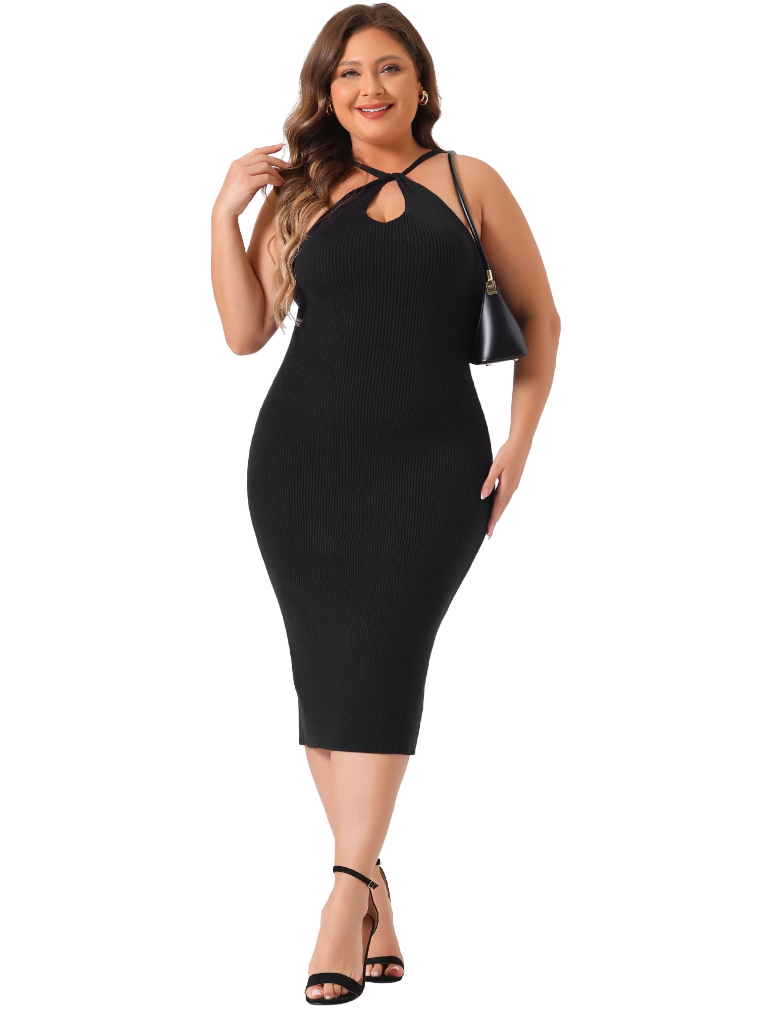 DARING DIVA Plus Size Sweater Twist Front Halter Neck Midi Dress 3X Black