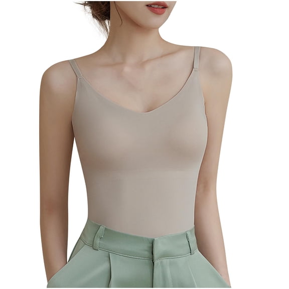 Qiopertar Women's Seamless V-Neck Camisole with Adjustable Straps and Chest Cushion Gathered Back Casual Comfy Basic Tank Top, Khaki L