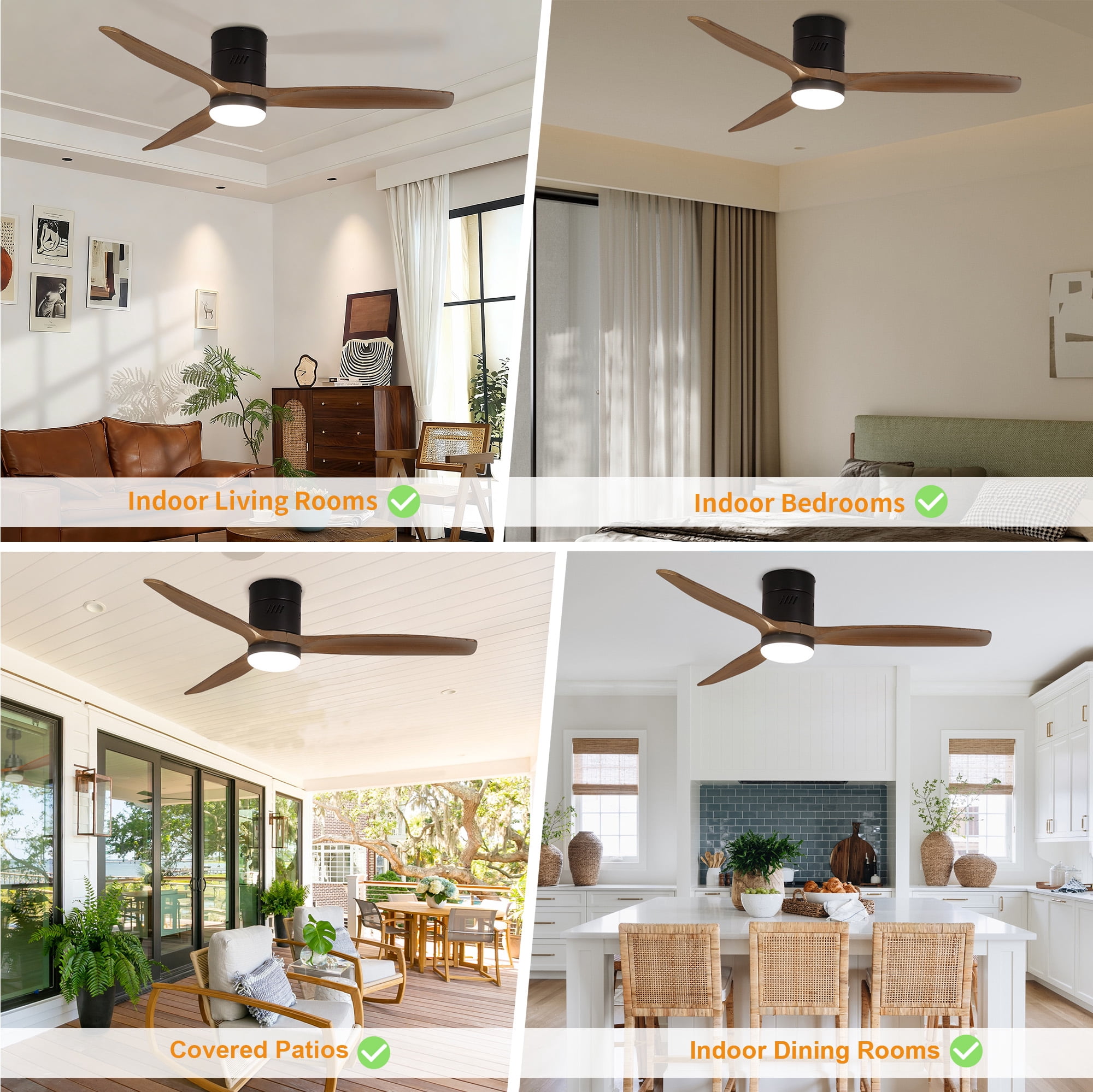 Taimei Ryme 52 in. Black Light Oak Flush Mount Ceiling Fan with Light and Remote, DC Motor, Reversible