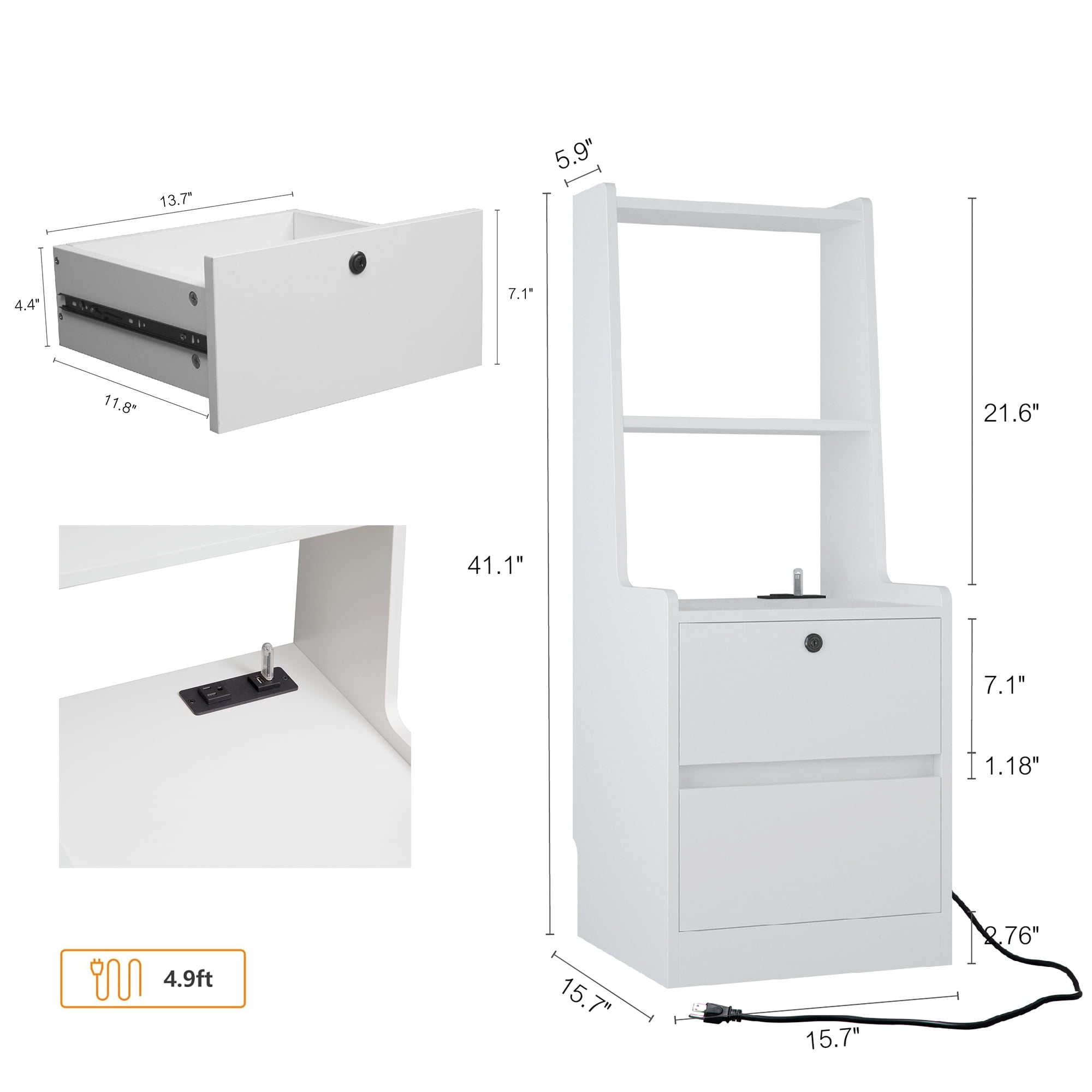 Tall Nightstand Set of 2 with Charging Station,Modern Bedside Tables with Storage Shelves & 2 Drawers for Bedroom,White