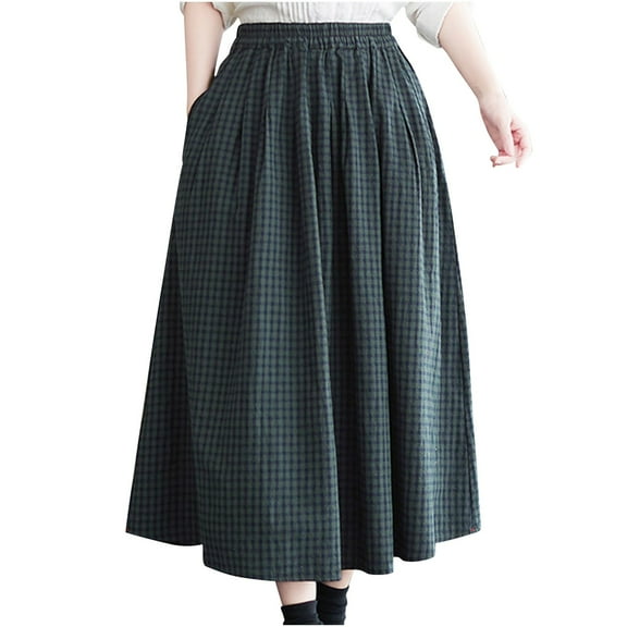 PUMISAS Summer Mid-Length Skirts For Women High Waisted Drawstring Flowy Elastic Waist Skirts Casual Loose Plaid Skirts