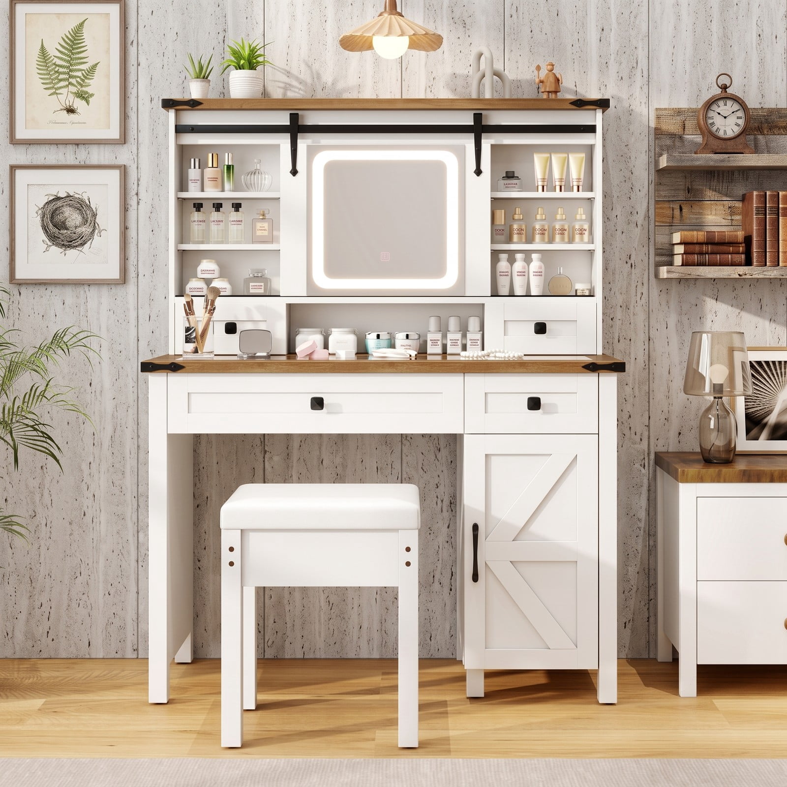 Furnibear Farmhouse Makeup Vanity Desk with 3 Color LED Sliding Mirror and 4 Drawers and Side Cabinet and Padded Stool, White