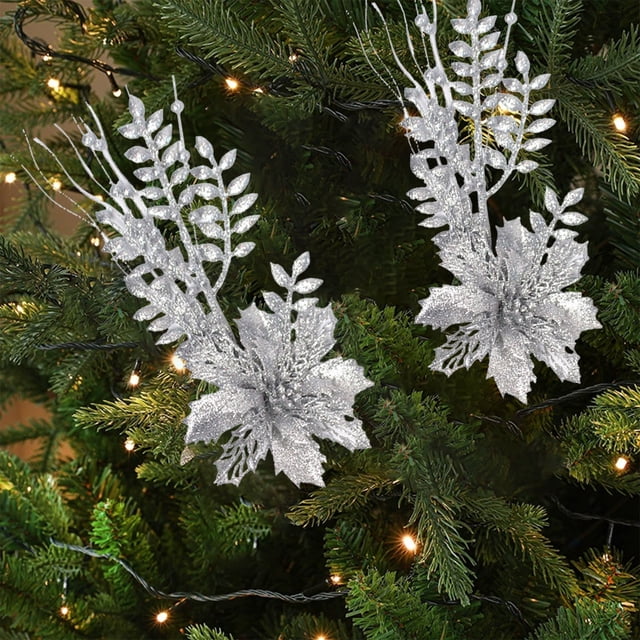 Christmas Tree Decorations, Artificial Poinsettia Flowers, Plastic Floral Picks for Holiday Decor, Xmas Party Wedding Home Decoration, Festive Ornament Accents for Indoor Festivities