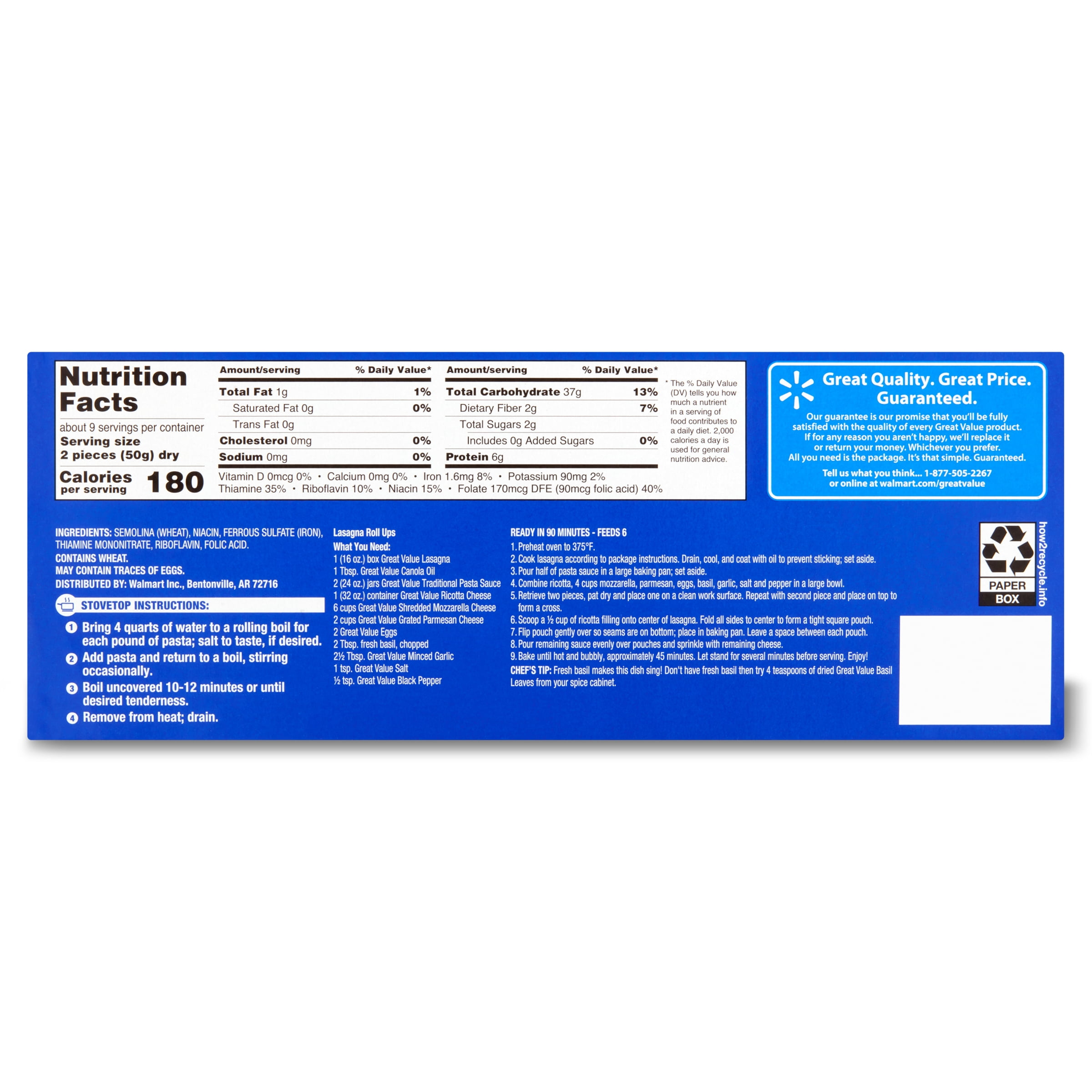 Great Value Lasagna Pasta, 16 oz
