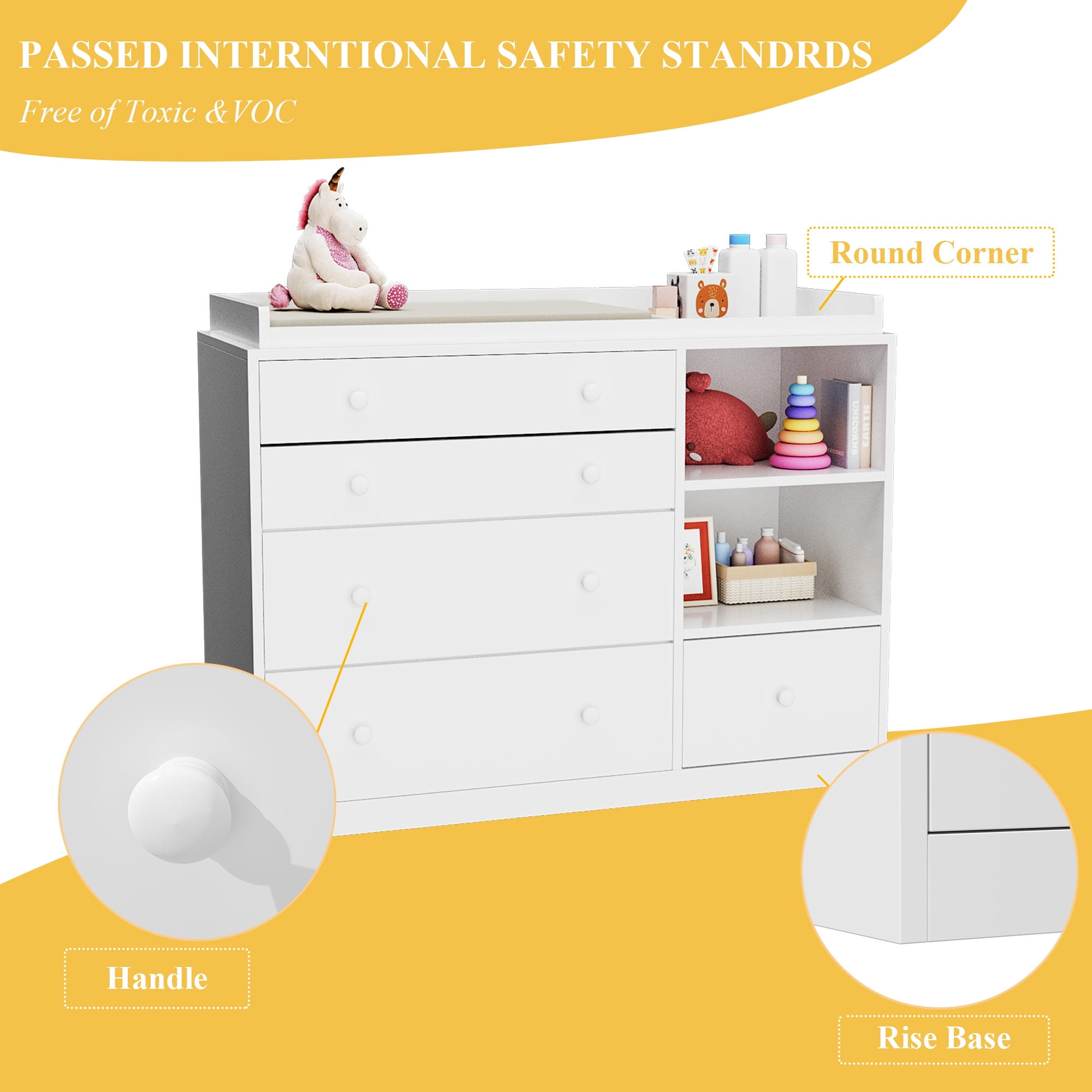OXYLIFE Baby Changing Table Dresser Nursery Chest with Storage,5 Drawers&2 Shelves,White