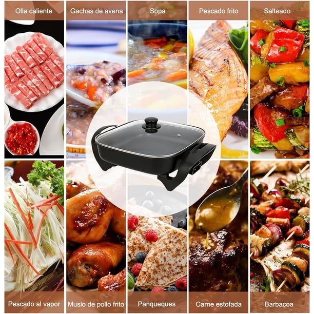 Sartén Eléctrica de 5 Litros – Cuadrada con Tapa de Vidrio Ventilada, Asas de Tacto Fresco, 1360W, Revestimiento Antiadherente y 5 Niveles de Temperatura Ajustable (Hasta 450°C)