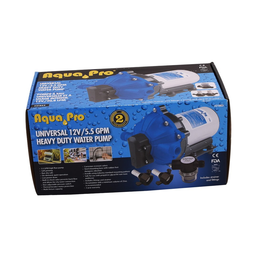 Aqua Pro 21863 Fresh Water Pump; AP50012; Self-Priming; 5.5 Gallon Per Minute; Shuts Off At 60 PSI; 8-1/2 Inch Length x 5-3/4 Inch Width x 5.16 Inch Height; 12 Volt DC; Run Dry Safe