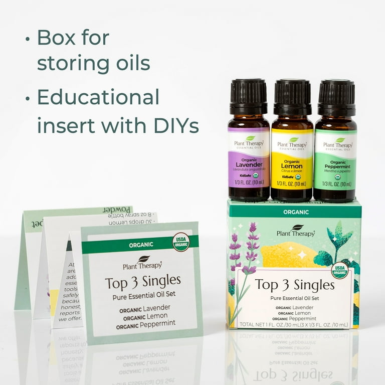 Plant Therapy Top 3 Organic Essential Oil Singles Set 10 mL (1/3 oz) Lemon,  Lavender & Peppermint 100% Pure Essential Oils, Undiluted, Natural