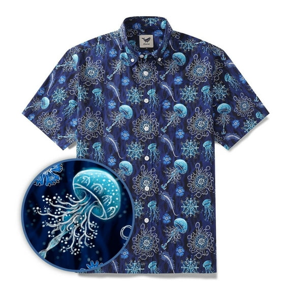 YIUME Men's Hawaiian Shirt Luminocean Print By Luova Flow Cotton Button-down Short Sleeve Aloha Shirt