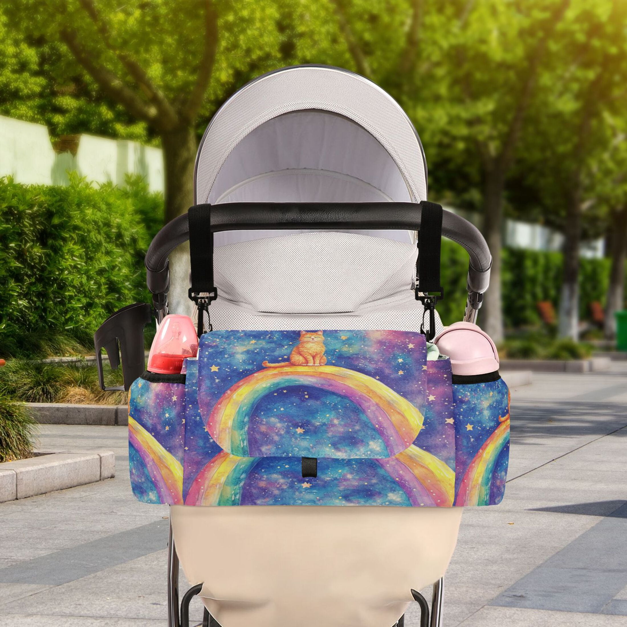 DIXRUYEE Stroller Organizer Joyful Ginger Cat in Space Printed