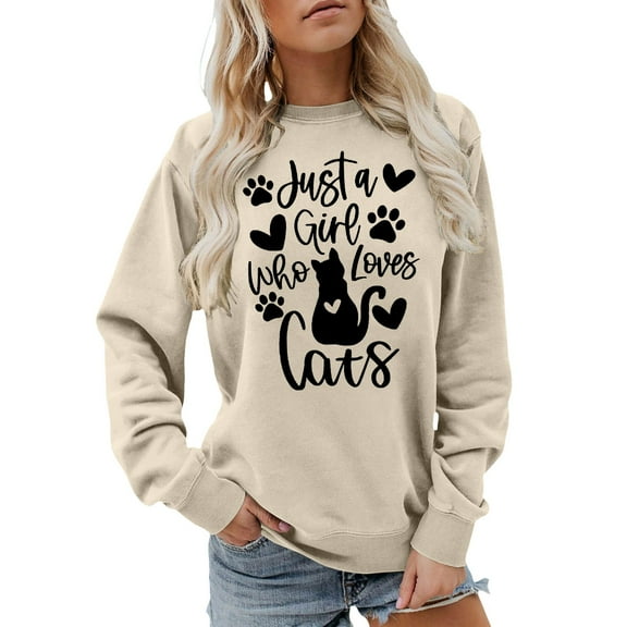 IWRICH Sweatshirt for Womens Long Sleeve Tops Just a Girl Who Loves Cats Sweatshirts Graphics Cute Crewneck Pullover T Shirts Beige XL
