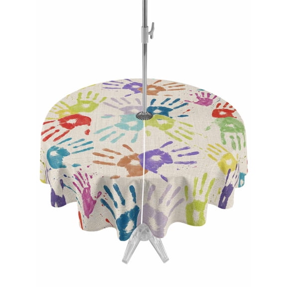 Outdoor Tablecloth with Umbrella Hole for Patio/Picnic/Party/Camping, Colorful Hand Print Waterproof Table Cloth Round Cover Washable, Cartoon Watercolor Graffiti Beige (Dia 60")