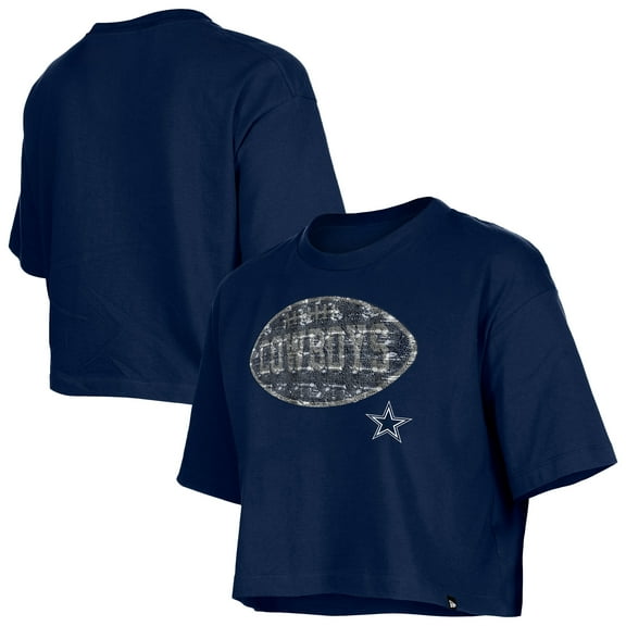 Girl's New Era Navy Dallas Cowboys Flip Sequin Boxy T-Shirt