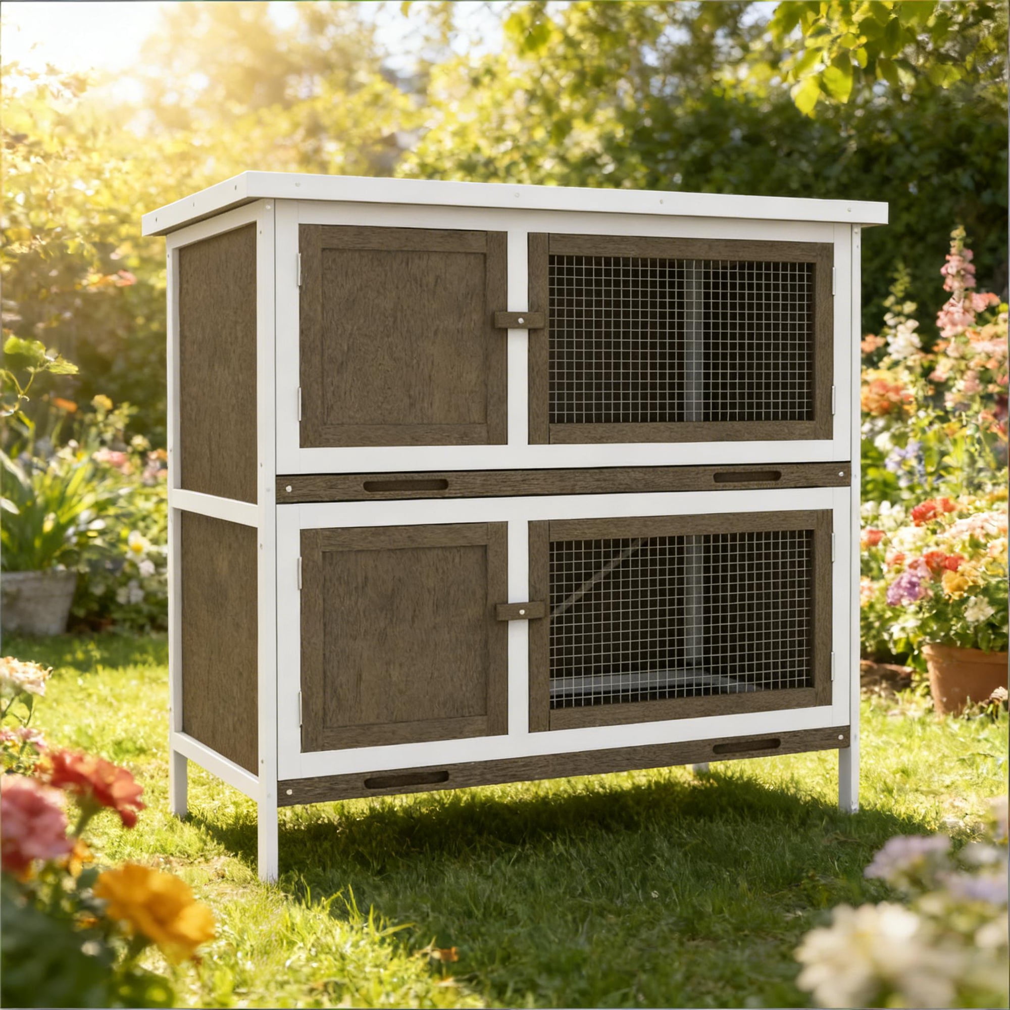 imerelez 2-Story Outdoor Rabbit Hutch with Asphalt Roof, Wooden Bunny Cage for 2 Small Rabbits with Pull-Out Trays for Backyard (Brown)