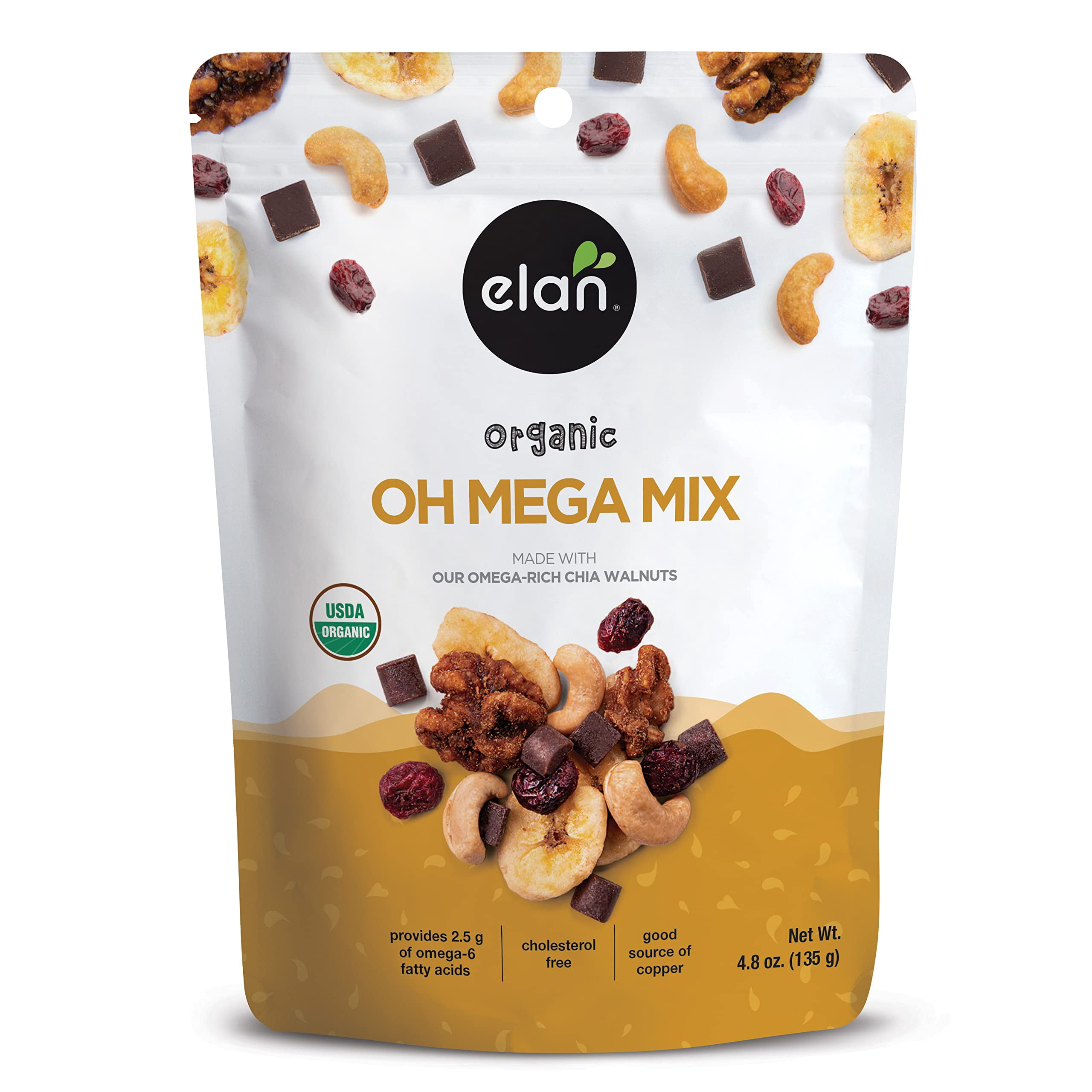 Elan Organic Oh Mega Mix, Vegan Dark Chocolate, Dried Fruits (Cranberries & Banana Chips), Nuts (Chia Walnuts & Roasted Cashews), Non-GMO, Gluten-Free, Vegan, Guilt-Free Snacks, 8 pack of 4.8 oz