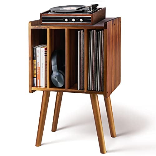 2BHOME Soporte de madera para tocadiscos LP con 4 gabinetes, capacidad para hasta 100 vinilos, soporte de almacenamiento de discos de metal y mesa organizadora, diseño clásico para archivos/libros (mo