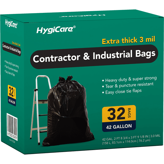 HygiCare Contractor & Industrial Bags, 42 Gallon, Extra Thick 3MIL, Heavy Duty with Tie Flaps, 32 Count
