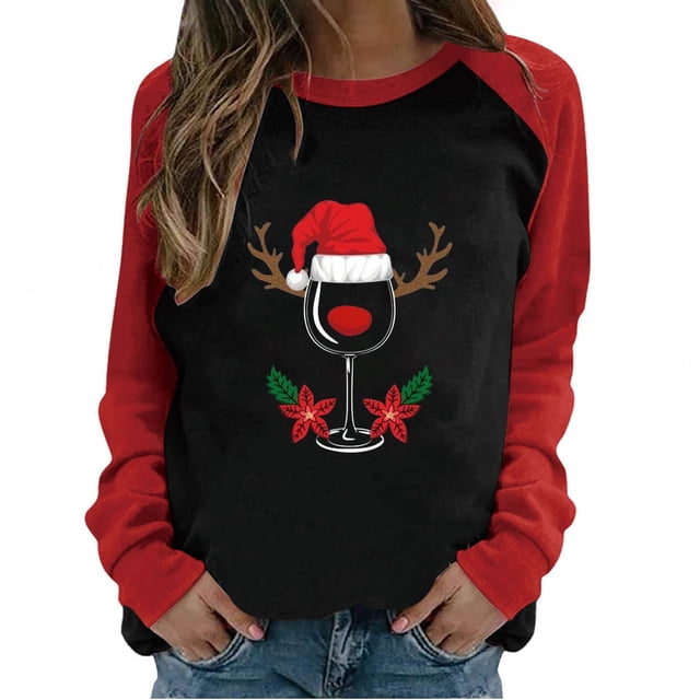 TopLLC Chandails de Noël Laids pour Femmes, Printemps, Patchwork, Imprimés de Noël, Manches Longues, Col Rond, T-Shirts Décontractés, Hauts en Liquidation