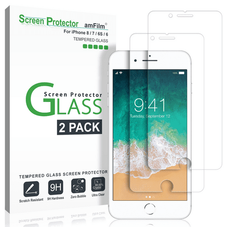amFilm Screen Protector for Apple iPhone 8, iPhone 7, iPhone 6S, and iPhone 6 - Premium Real Tempered Glass Film (2 Pack)