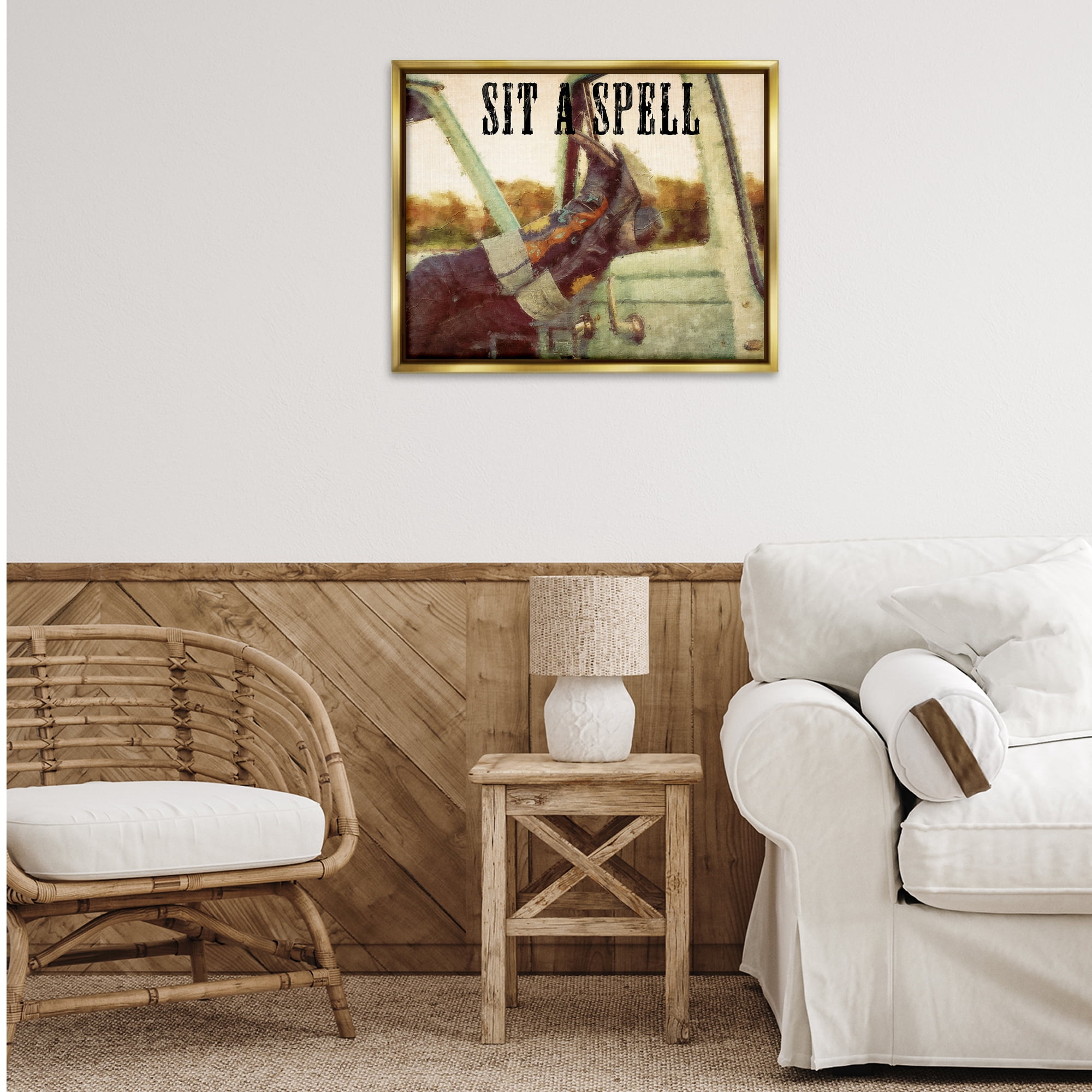 Stupell Industries Sit A Spell Cowboy Typography Painting Gold Floater Framed Art Print Wall Art, 31 x 25