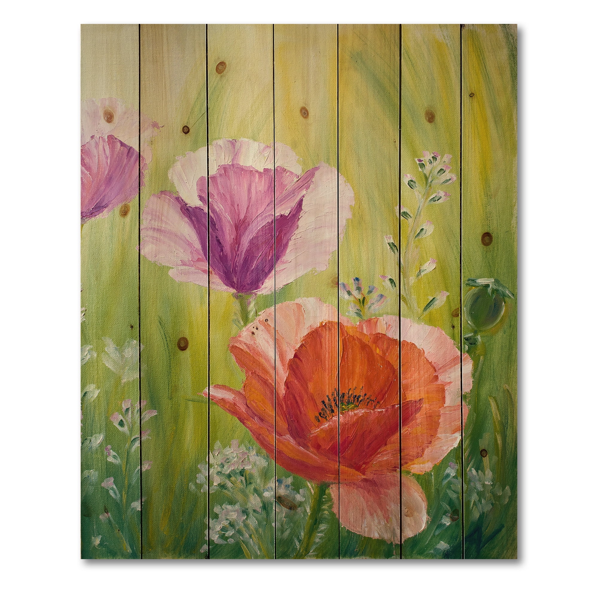 Designart 'Poppies In The Morning In Wild Green' Traditional Print on Natural Pine Wood