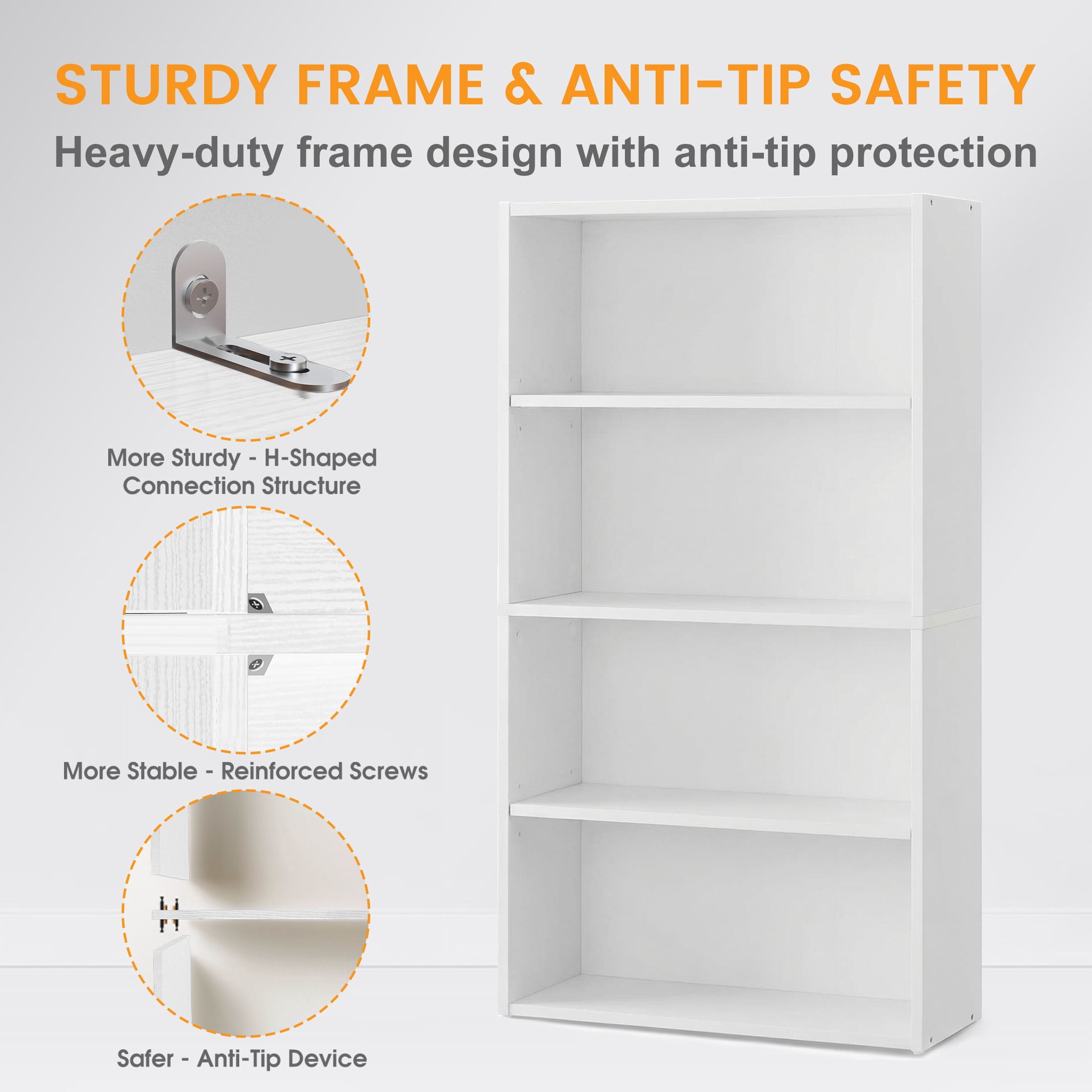 CONCETTA 4 Shelf Bookcase, 42 Inch Tall Floor Standing Open Bookshelf for Home Office and Living Room, White