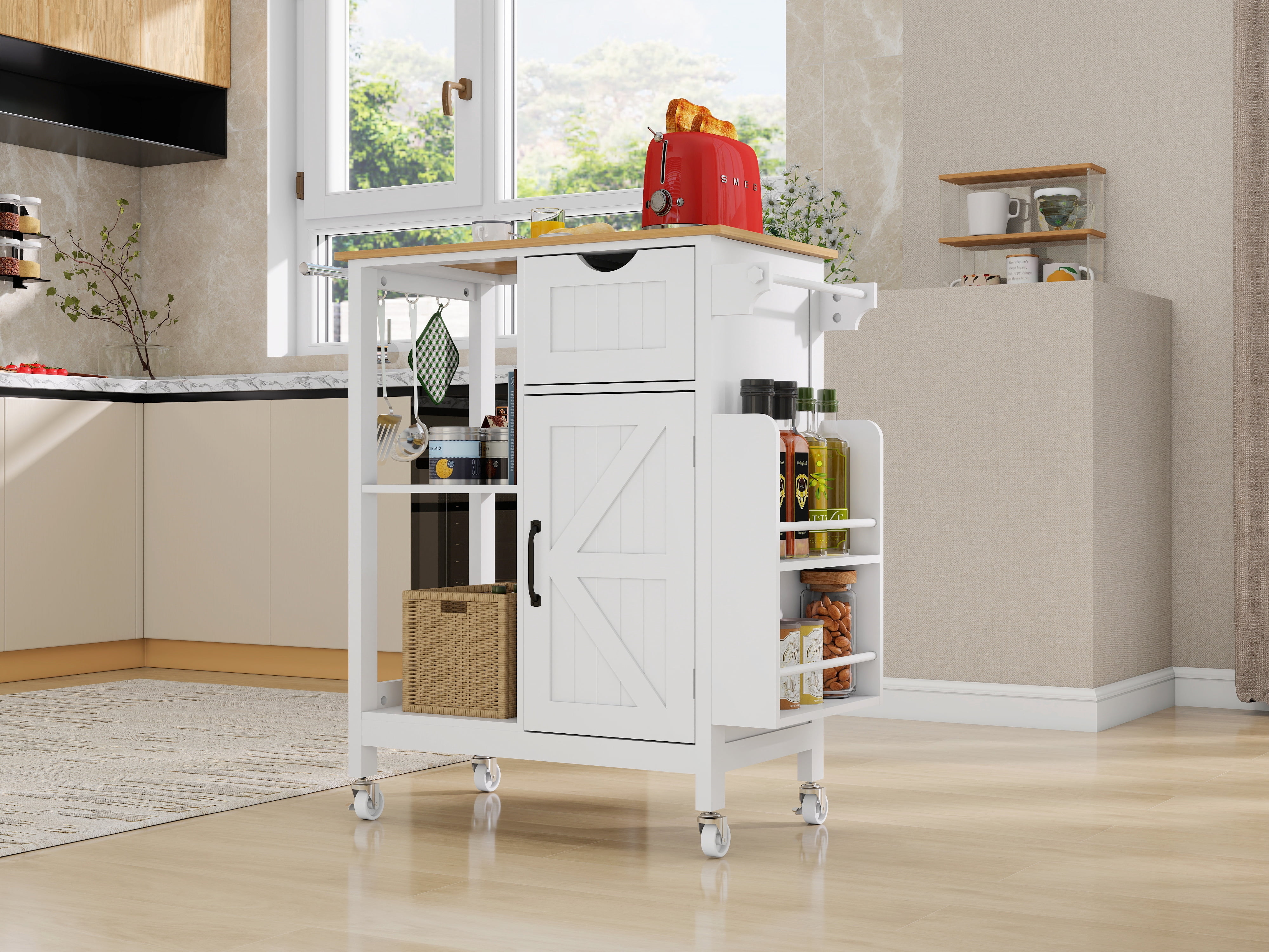Kitchen Island Cart 33.86 Inch, Rolling Utility Table with Storage Cabinet and Spice Rack, Mobile Kitchen Organizer for Dining Room and Small Spaces, White