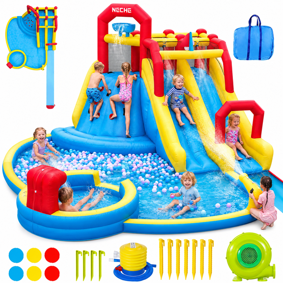 Neche Giant Inflatable Water Slide Bounce House With 750W Blower, Supports 7 Kids Ages 3-10, Max 500lbs, Indoor & Outdoor Use