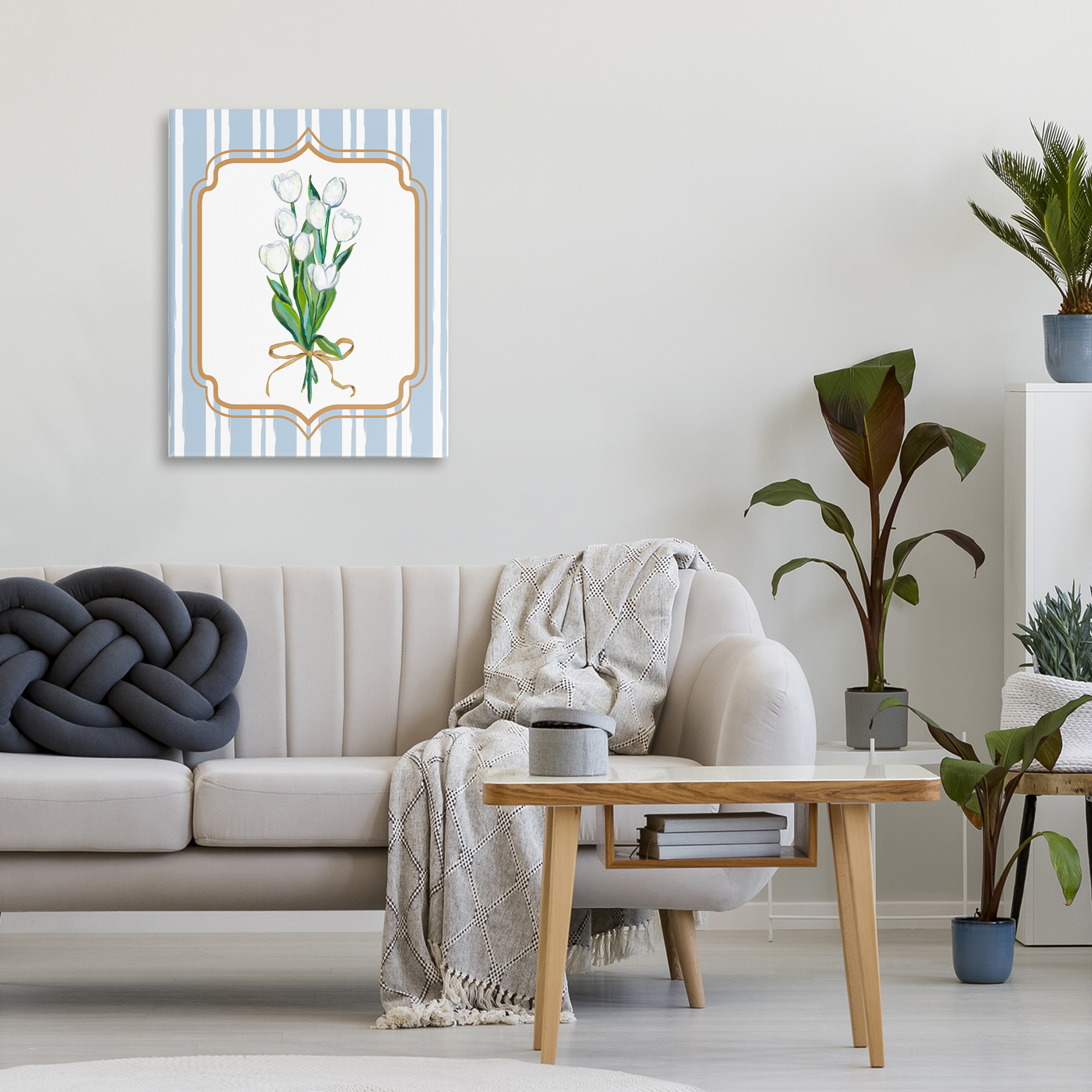 White Tulip Bouquet & Stripes Canvas Wall Art, design by Adonna Ebrahimi