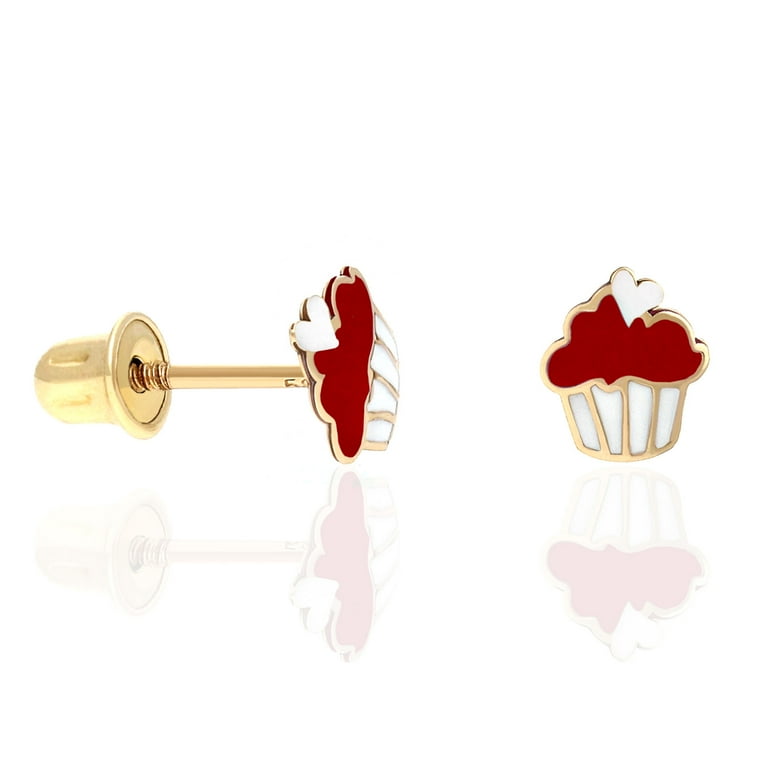 Mini Colorful Enamel Cupcake Stud Earrings Real 14K 2024 Yellow Gold